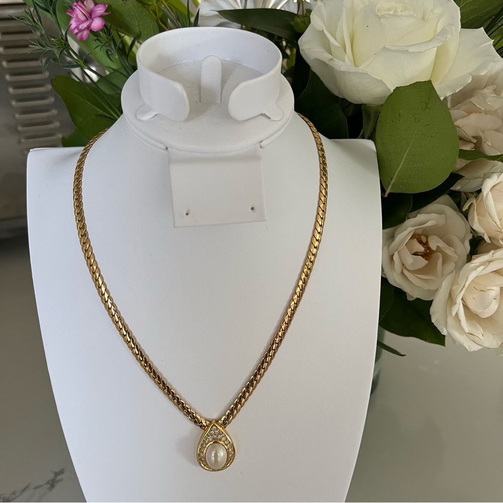 Christian Dior Necklace Gold Plate Pearl Oval Crystals Teardrop Designer Vintage - Picture 4 of 17